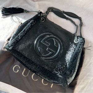 🎉Gucci leather tote with shearling inside and shearling trim